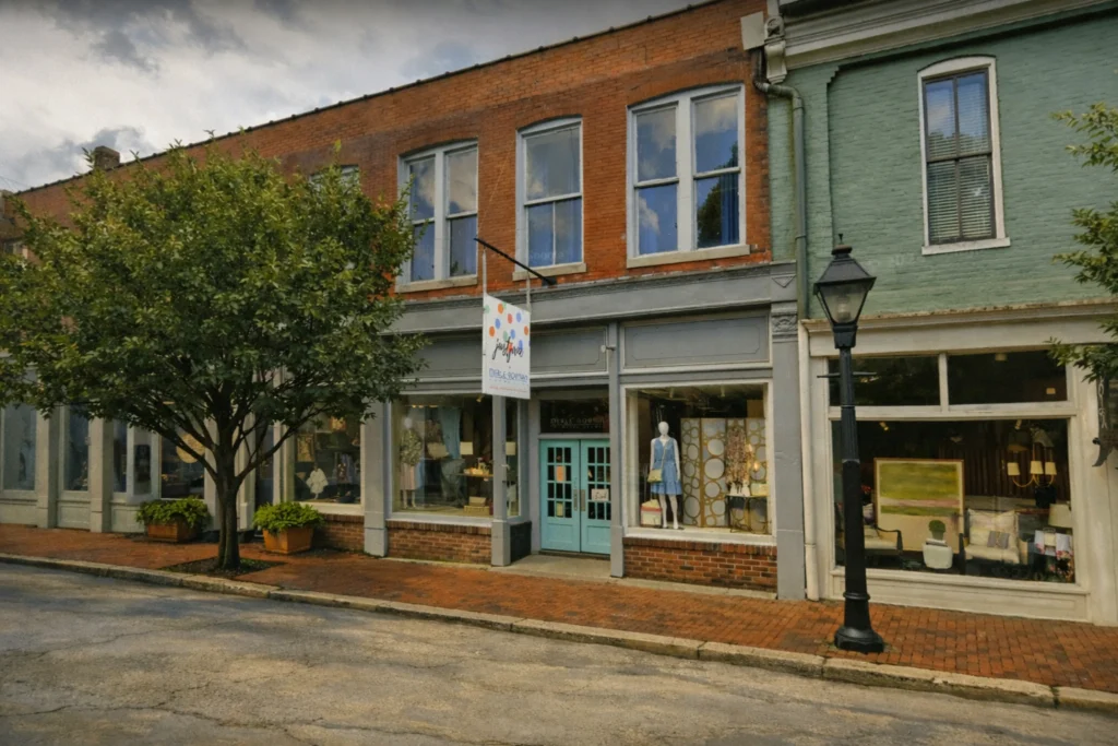 Exterior view of the Just Jane storefront along a brick downtown block in Bardstown, Kentucky.