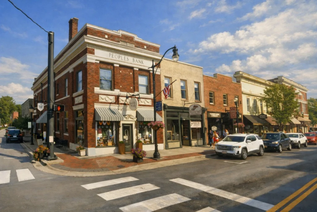 Exterior view of Kaden Lake on a downtown Bardstown street corner in a historic brick building.