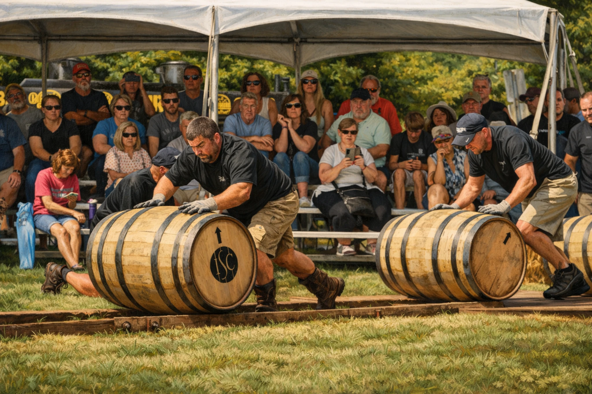 Competitors rolling bourbon barrels during a contest at the Kentucky Bourbon Festival.