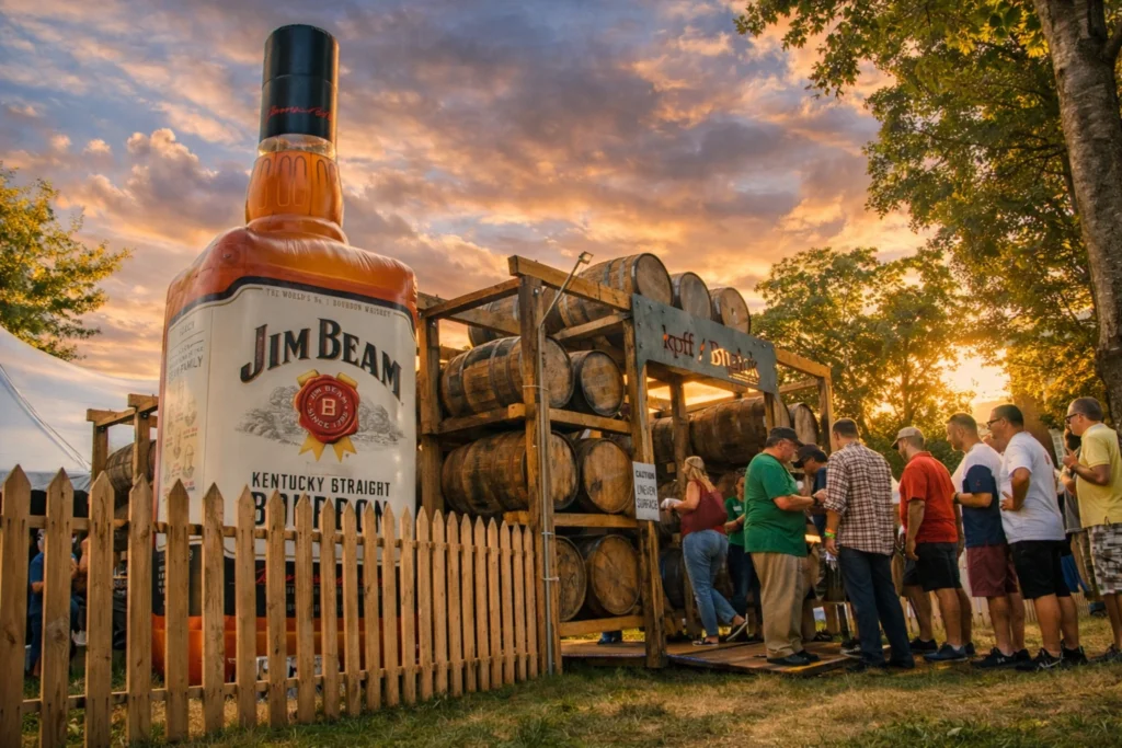 Large Jim Beam bottle display beside stacked barrels and a tasting line at the Kentucky Bourbon Festival.