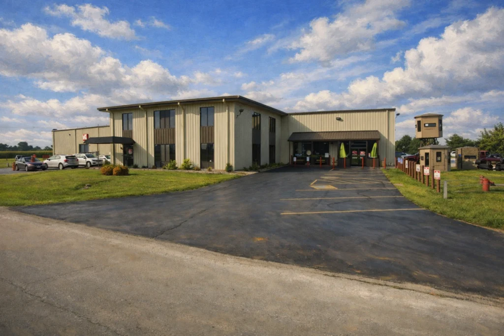 Exterior of KYGUNCO in Bardstown, Kentucky with the front drive, entrance, and parking area under a blue sky.