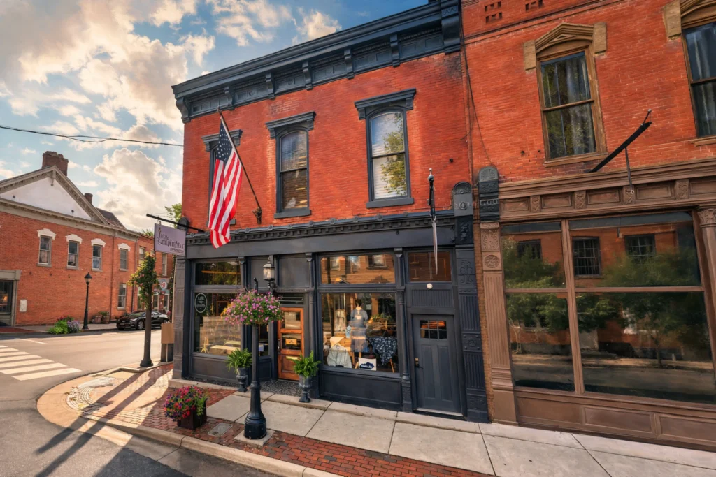 Lamplighter Inn and Lamplighter General Store storefront on a historic brick corner in Bardstown, Kentucky, with an American flag, flower baskets, and a bright sky.