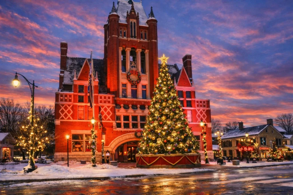 Historic downtown Bardstown building and a large decorated Christmas tree during Light Up Bardstown at sunset with snow on the ground.