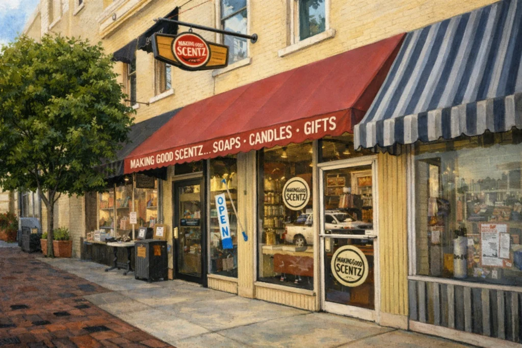 Front exterior of Making Good Scentz in downtown Bardstown, Kentucky, with a red awning, striped awning, and sidewalk storefront display.