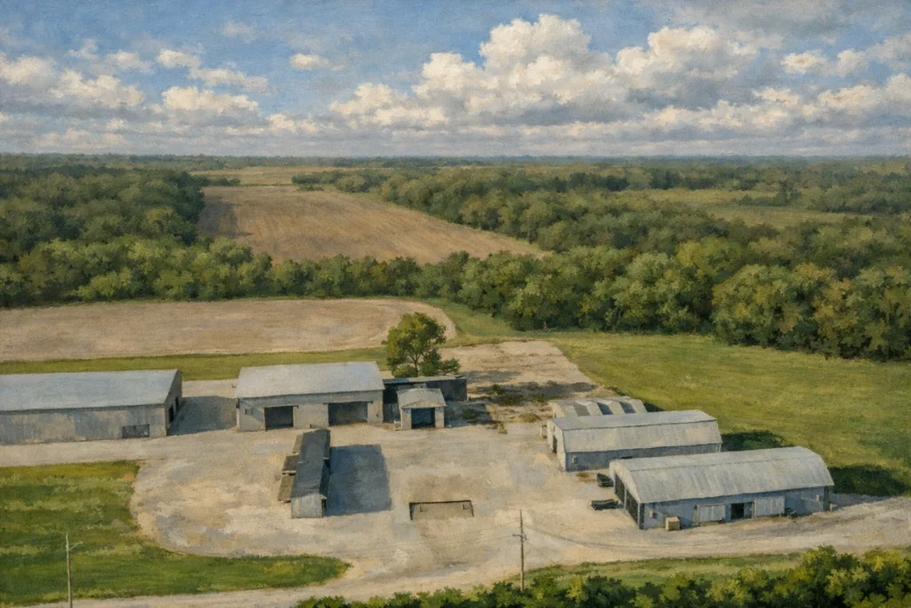 Aerial view of Meadow Land Distillery buildings surrounded by open fields and tree lines under a partly cloudy sky.
