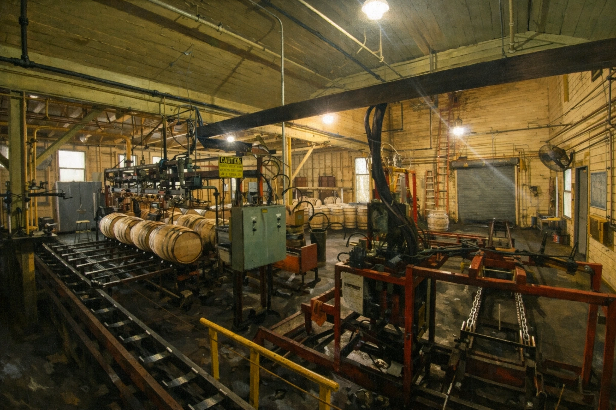 Interior production room at Meadow Land Distillery with bourbon barrels on a conveyor line and industrial equipment throughout the space.