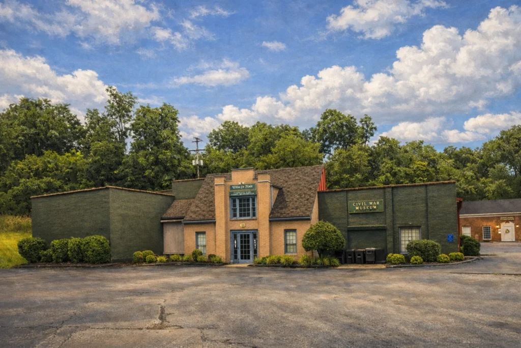 Exterior view of the Civil War Museum building on Museum Row in Bardstown, Kentucky, with a bright blue sky and scattered clouds.