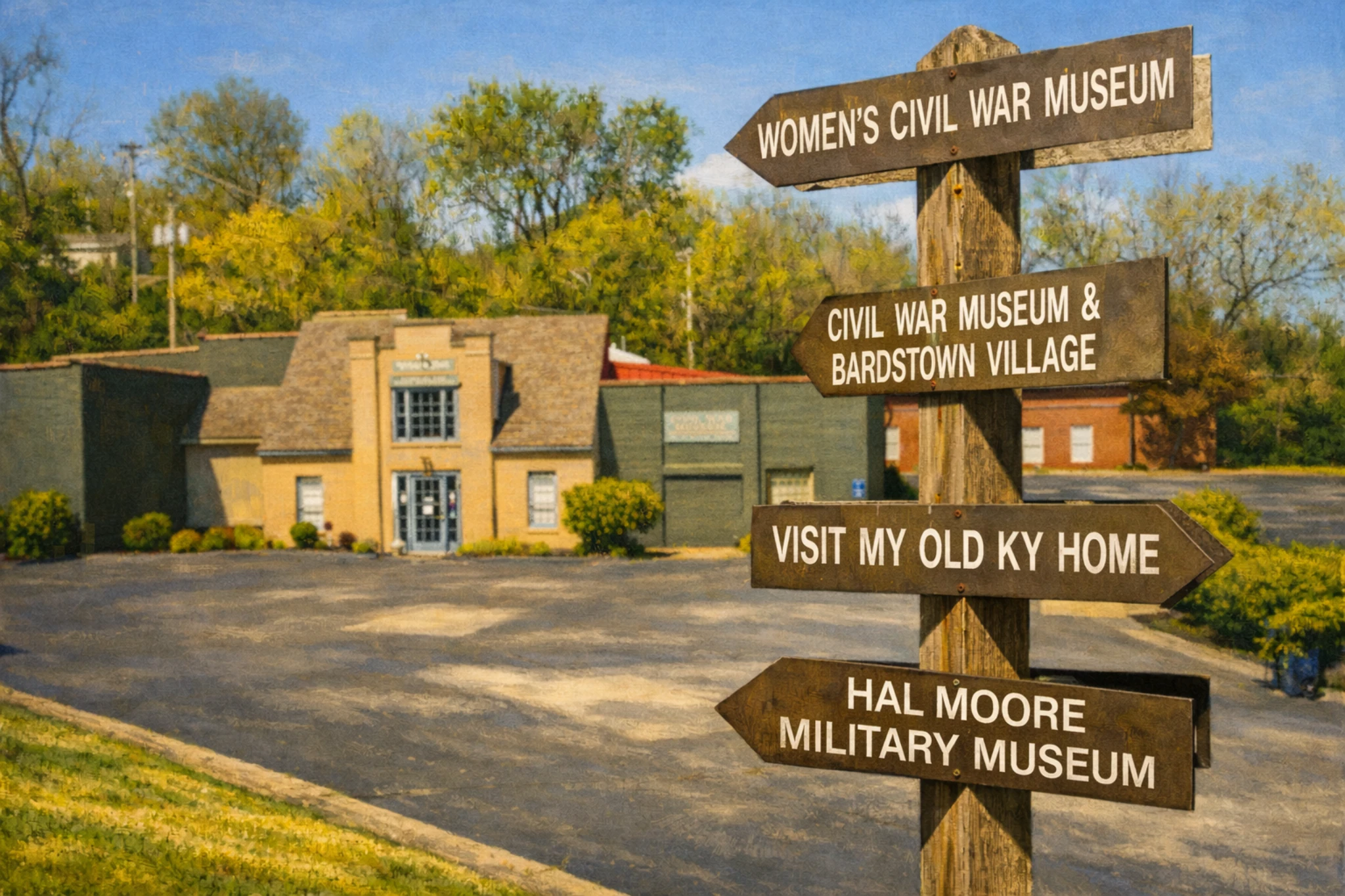 Directional wooden sign for Museum Row pointing to the Women's Civil War Museum, Civil War Museum and Bardstown Village, My Old Kentucky Home, and the Hal Moore Military Museum in Bardstown, Kentucky.