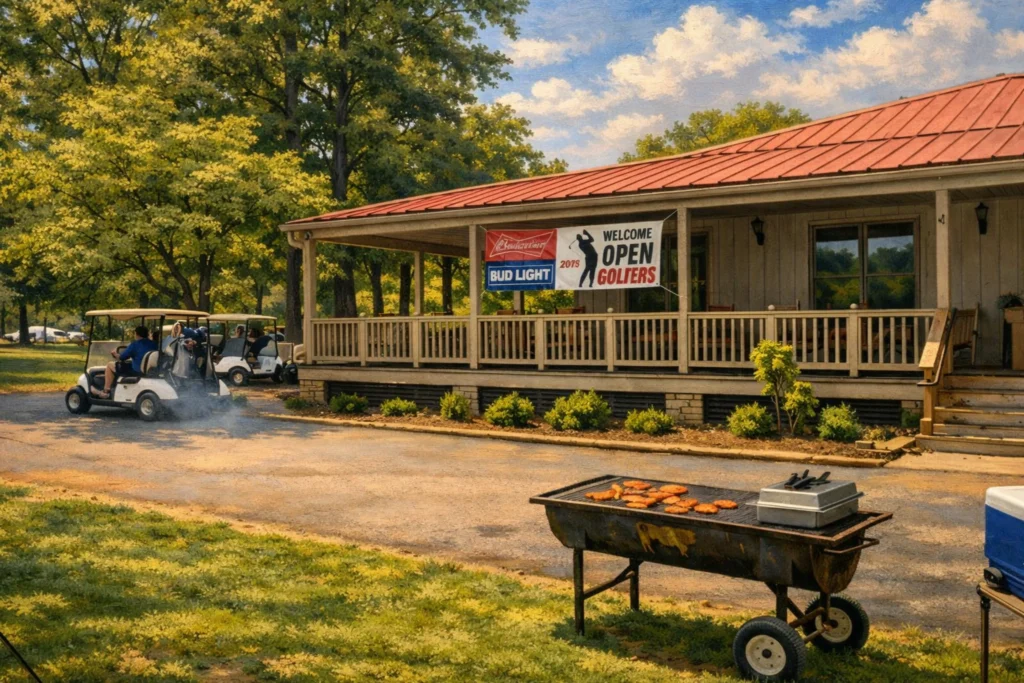 Clubhouse porch at My Old Kentucky Home Golf Course with golf carts parked outside, an Open Golfers banner, and a grill in the foreground.
