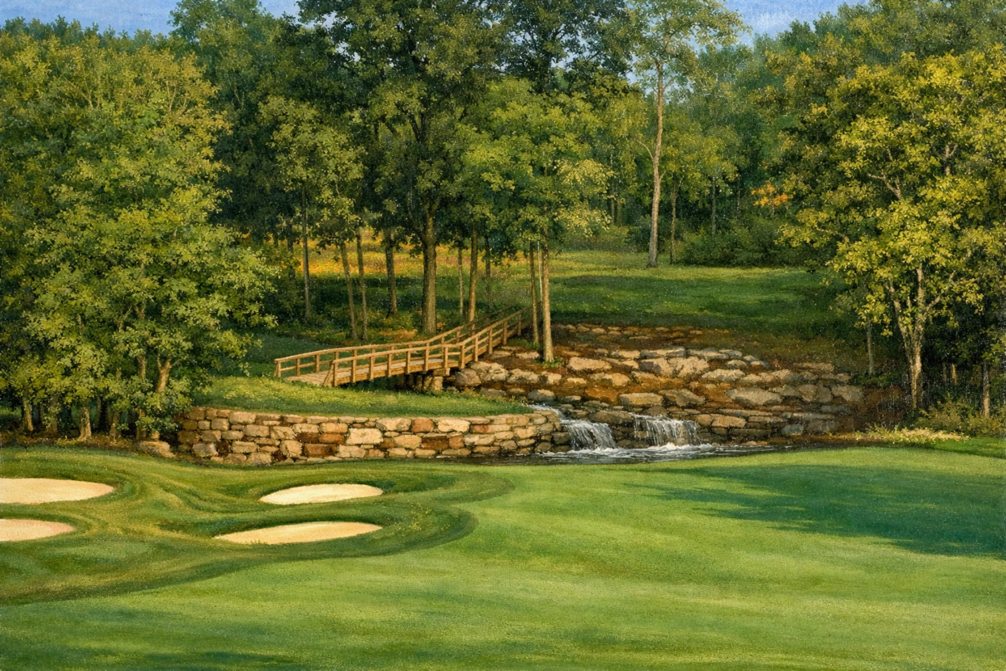 Waterfall and wooden footbridge beside a manicured green at My Old Kentucky Home Golf Course surrounded by trees and bunkers.