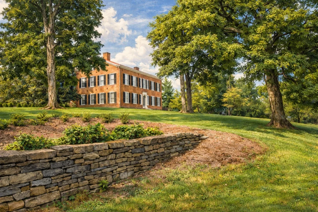 Historic red brick home of the late Stephen Foster on a grassy hill at My Old Kentucky Home State Park with large trees and a stone wall in the foreground.
