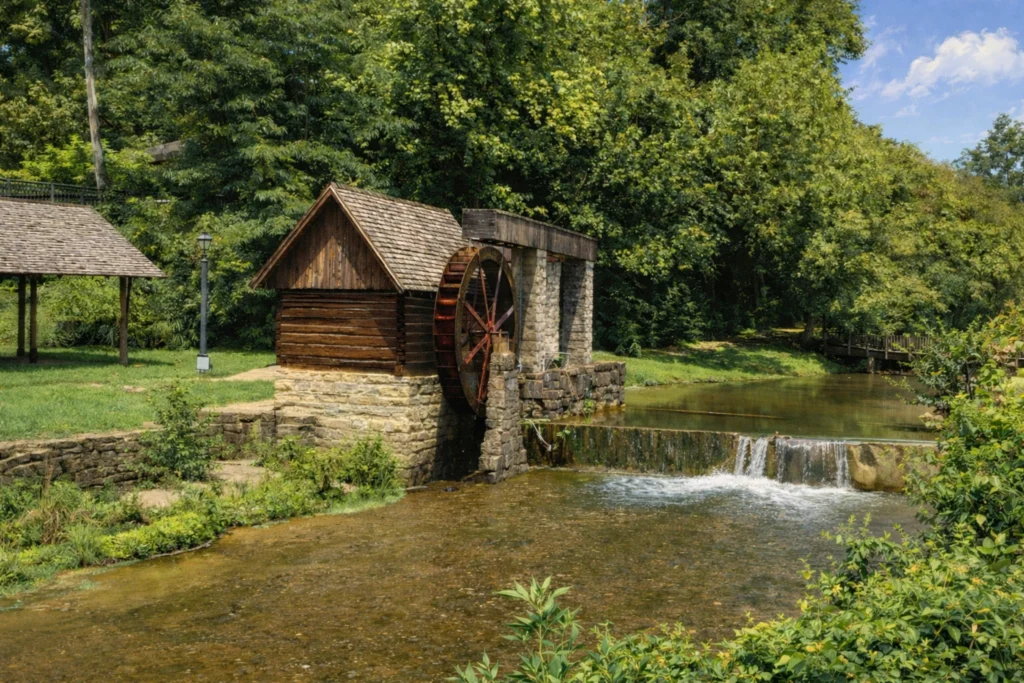 Water wheel and mill structure beside a small waterfall at Old Bardstown Village on Museum Row in Bardstown, Kentucky.