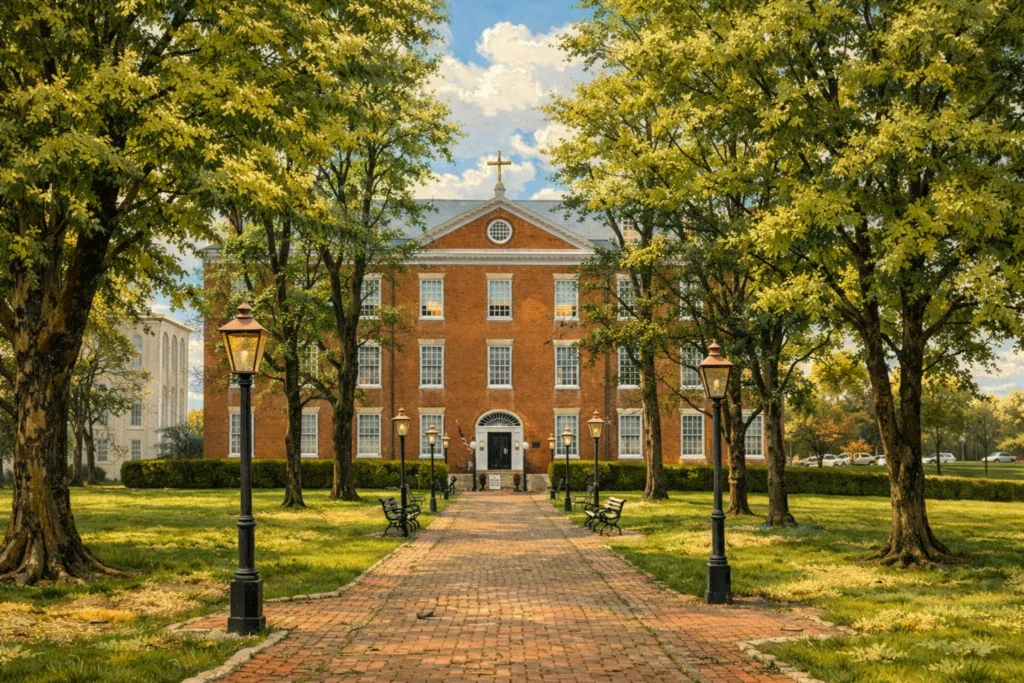 Exterior view of Spalding Hall, home to the Oscar Getz Museum of Bourbon History, featuring a brick walkway lined with black lampposts, mature trees, and the historic brick building beyond.