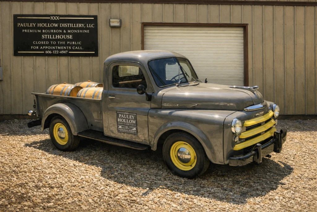 Vintage gray Pauley Hollow Distillery pickup truck carrying bourbon barrels, parked on gravel outside the stillhouse building.