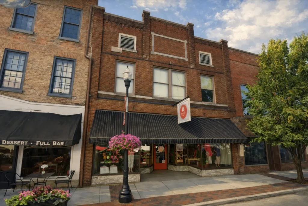 Peacock on Third storefront in Bardstown, Kentucky, brick building with black awning, hanging flower basket, and boutique windows.