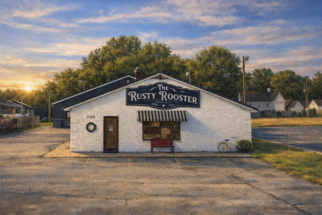 Exterior of The Rusty Rooster in Bardstown, Kentucky, a white brick storefront with a large sign, striped awning, red bench, and bicycle at sunset.