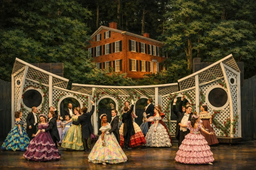 Performers in colorful period costumes dance on stage in a garden scene during The Stephen Foster Story at My Old Kentucky Home State Park.