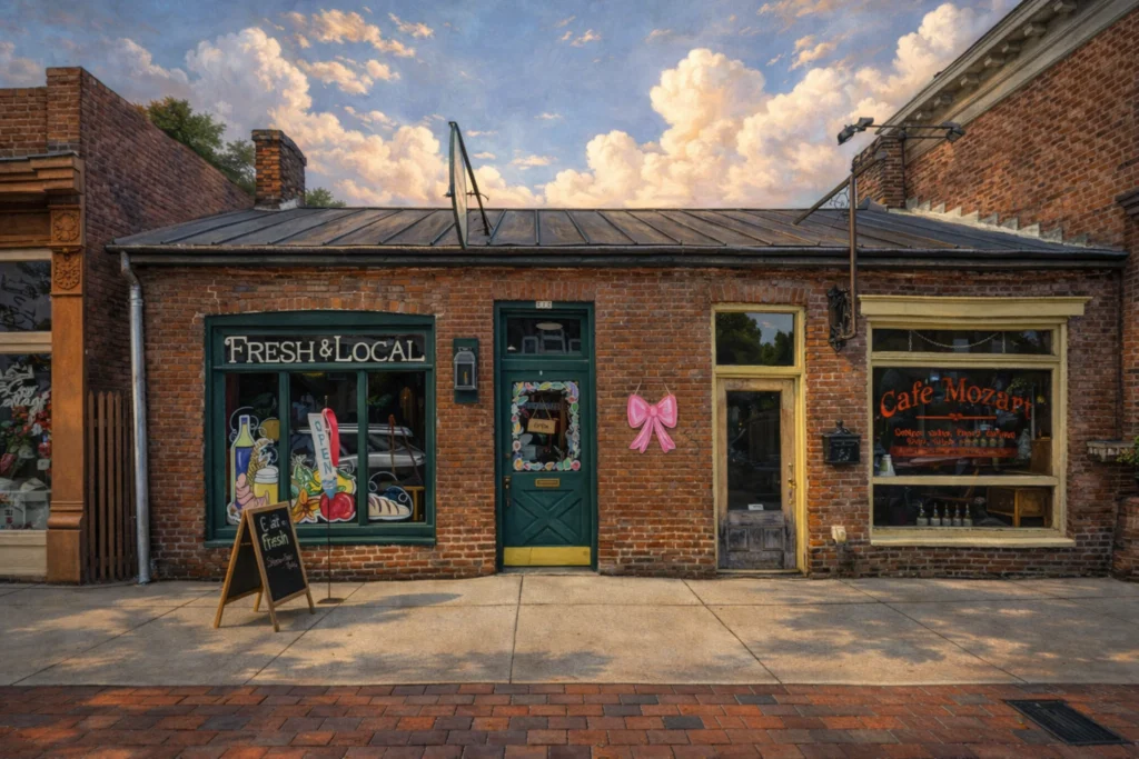 Exterior of Cafe Mozart and Taste of Bardstown Market in a brick downtown storefront with Fresh & Local and Cafe Mozart window signage.