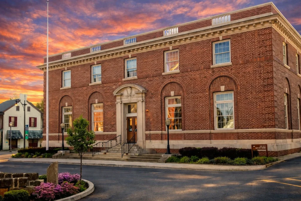 Exterior view of The Gallery on Court Square in Bardstown, Kentucky, a historic brick building at sunset.