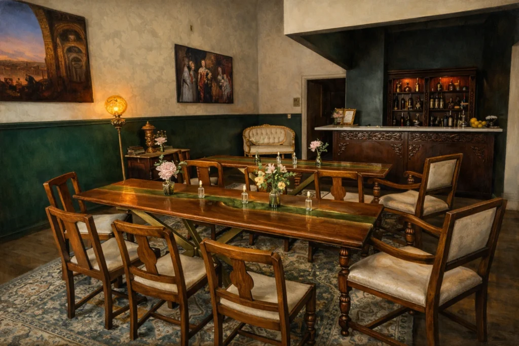 The Parlor Room in Bardstown, Kentucky, featuring long wooden tables, vintage chairs, floral centerpieces, framed artwork, and a dark wood bar in an elegant private event space.