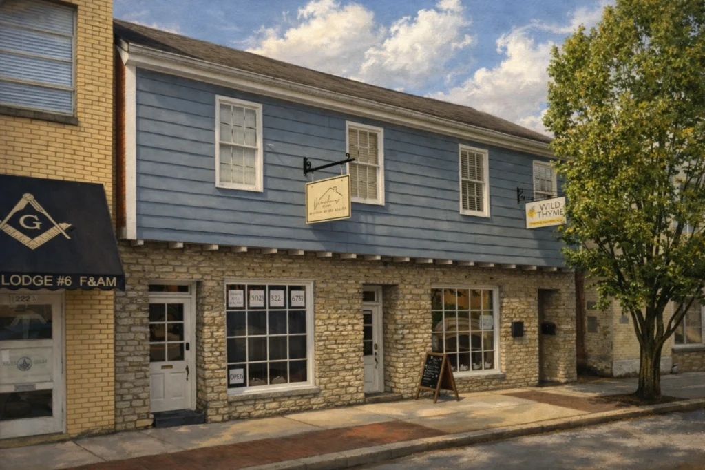 Exterior of Wild Thyme Herbal Apothecary in Bardstown, Kentucky, with a stone lower facade, blue upper siding, and hanging storefront signs along a downtown street.