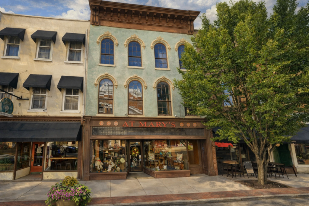 Storefront of At Mary’s gift shop on a historic downtown Bardstown street with large display windows and upper-level arched windows.