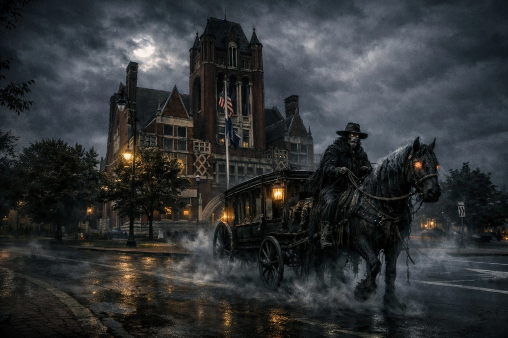 Haunted nighttime scene of the Old Bardstown Courthouse with a ghostly horse-drawn carriage on a wet street under a cloudy moonlit sky on Bardstown's Ghost Trek.